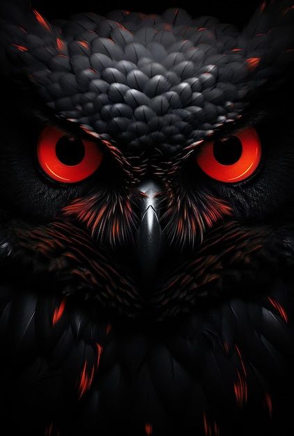 an owl with red eyes is shown in the dark