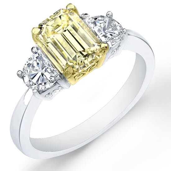 2.37 Ct. Canary Fancy Yellow Emerald Cut Diamond Engagement Ring Canary Yellow Engagement Rings, Canary Yellow Diamond Engagement Ring, Canary Diamond Engagement Ring, Canary Diamond, Favorite Engagement Rings, Moon Cut, Yellow Diamond Engagement Ring, Half Moons, Emerald Cut Diamond Engagement Ring