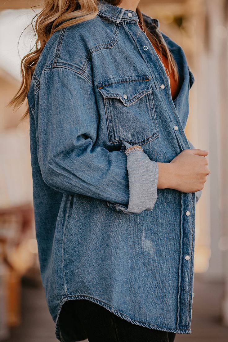 Chest Pockets Long Sleeve Denim Shirt Jacket Light Wash Collared Denim Jacket With Pockets, Everyday Medium Wash Shacket For Fall, Everyday Medium Wash Fall Shacket, Everyday Denim Shacket For Fall, Light Wash Denim Jacket With Buttoned Pockets For Fall, Washed Denim Top For Fall, Light Wash Collared Denim Outerwear, Light Wash Denim Collared Outerwear, Spring Light Wash Denim Shacket