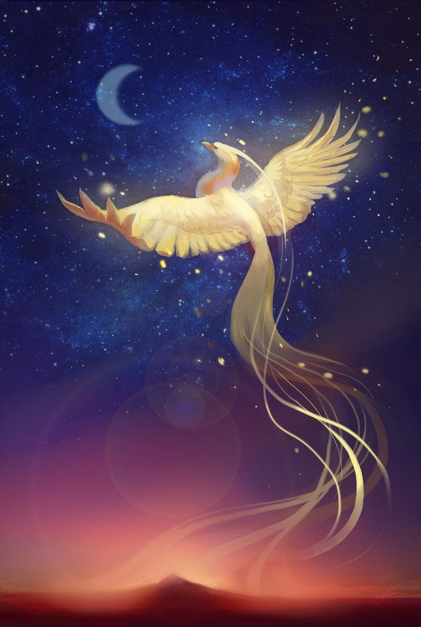 a painting of a white bird flying in the night sky with stars and moon behind it