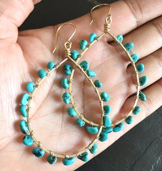 Gold Teardrop Turquoise Hoop Earrings. X- Large 14k Yellow Gold Filled Hammered Hoops with Genuine T Turquoise Beaded Teardrop Hoop Earrings, Turquoise Teardrop Hoop Earrings Nickel Free, Turquoise Teardrop Nickel-free Hoop Earrings, Teardrop Turquoise Nickel-free Hoop Earrings, Nickel-free Turquoise Teardrop Hoop Earrings, Nickel-free Teardrop Turquoise Hoop Earrings, Unique Handmade Turquoise Hoop Earrings, Blue Bohemian Teardrop Earrings With Wire Wrapped, Blue Wire Wrapped Bohemian Teardrop Earrings