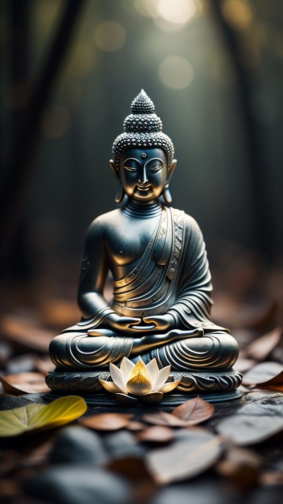 a buddha statue sitting on top of a pile of leaves