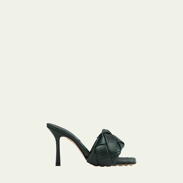 Bottega Veneta woven leather mule sandals. 3.5" covered heel. Elongated square open toe. Single-band vamp. Slide style. Leather lining and sole. Made in Italy. Mule Sandals, Leather Mules, Bottega Veneta, Mule, Leather Sandals, Designer Fashion, Open Toe, Tops Designs, In Italy