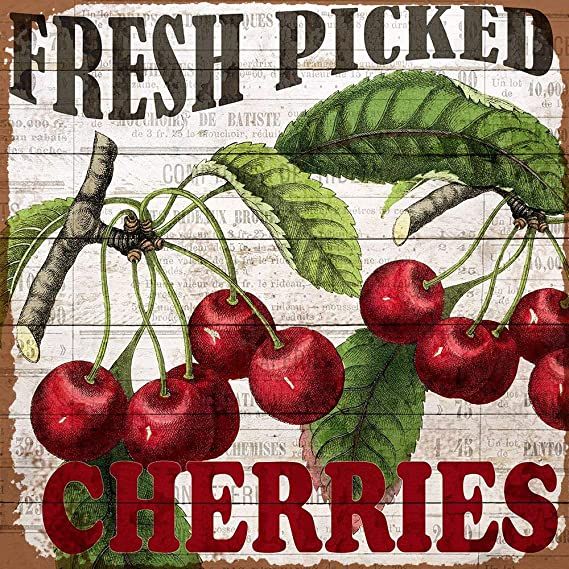 a sign with cherries on it that reads fresh picked cherries and the word cherries