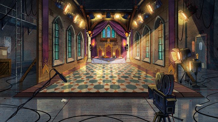 an artist's rendering of a church with stained glass windows and chandeliers