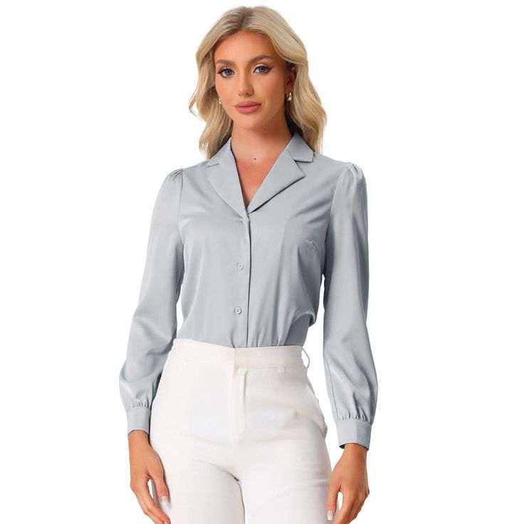 Complete your chic style with this satin button-up shirt. This satin button-up shirt features button cuffs and a notch collar perfectly. Pair it with jeans and work pants for your casual chic look. To create an elegant image with a classic design. Look smart and classic in this shirt finished with solid color fabric. With shiny and smooth fabric, this satin shirt makes you look elegant and romantic. Elegant Single-breasted Button-up Top, Elegant Single Breasted Button-up Top, Formal Collared Solid Color Blouse, Formal Collared Blouse In Solid Color, Solid Spread Collar Blouse For Office, Collared Solid Color Blouse For Formal Occasions, Collared Solid Color Blouse For Formal Wear, Collared Office Lady Shirt For Fall, Solid Button-up Blouse With Placket