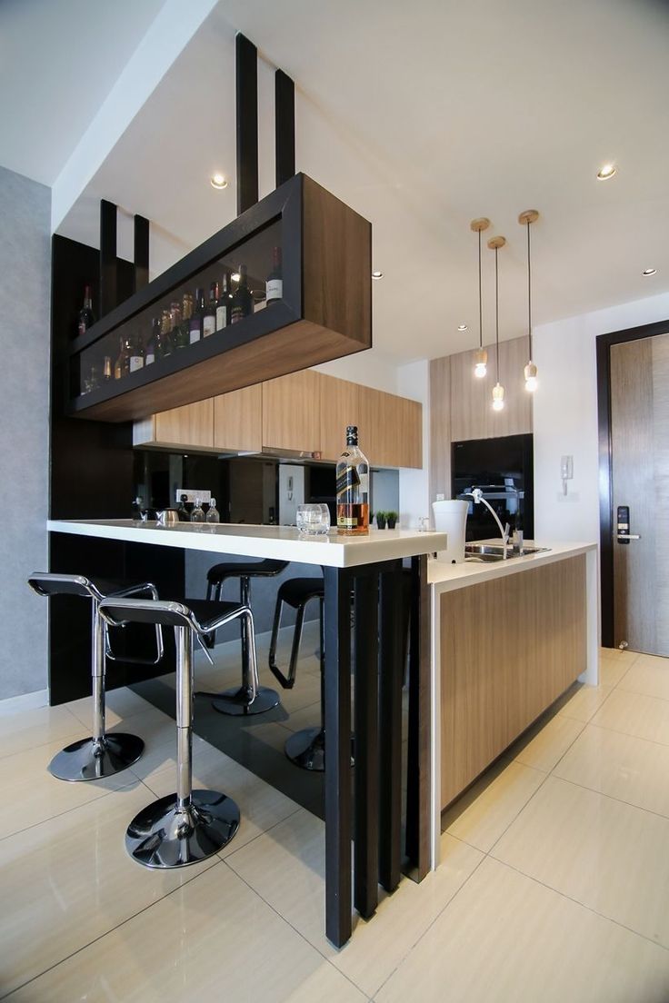 a kitchen with two bar stools next to it