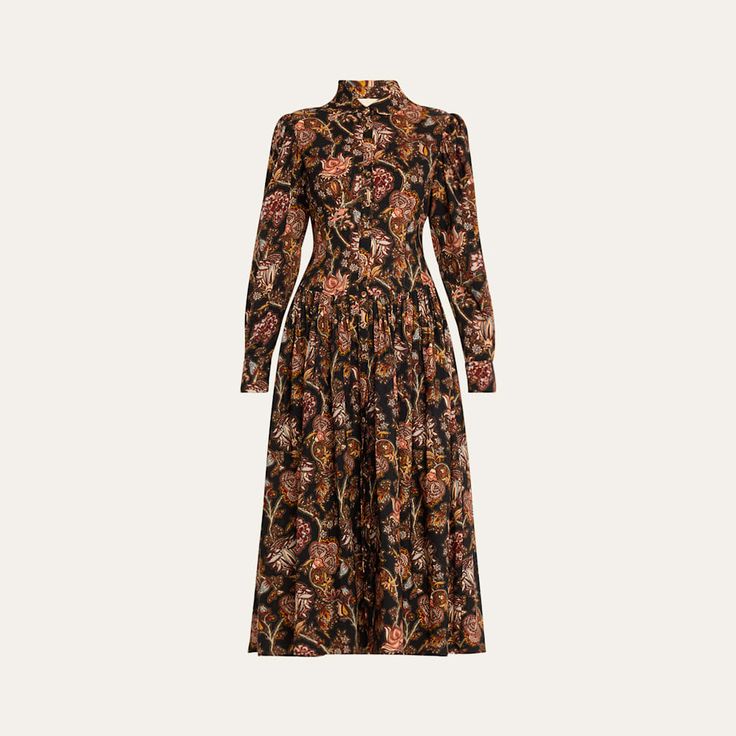 Ulla Johnson "Celia" midi dress featuring a belted waist in a floral-printed wool-blend  Approx. 50.8”L from shoulder to hem Rounded collar; button-front  Long puff sleeves with button cuffs; approx. 25.3"L A-line silhouette Hem falls below the knee Wool/viscose Dry clean Imported Silk Dress With Belted Cuffs, Elegant Fall Dresses With Belted Cuffs, Fall Floral Print Dress For Daywear, Silk Midi Dress With Floral Print For Work, Long Sleeve Midi Dress With Belted Cuffs For Daywear, Semi-formal Long Sleeve Dress With Belted Cuffs, Formal Fall Dress With Belted Cuffs, Fall Collared Belted Dress With Belted Cuffs, Spring Evening Midi Dress With Belted Cuffs