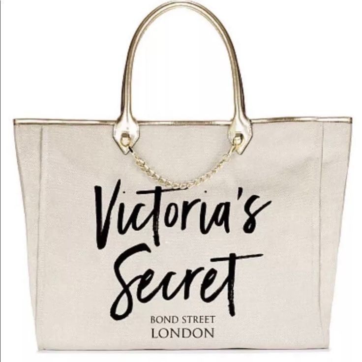 Brand New Victoria'S Secret Canvas Tote Bag. Beautiful Bag, Ivory Color Interior Zip Pocket 16l X 8w X 7h 7 Drop Length Bond Street London, Victoria Secret Jeans, City Tote Bag, Victoria Secret Pink Logo, Gold Tote Bag, Victoria Secret Tote Bags, Color Interior, Grey Tote, Studded Jeans