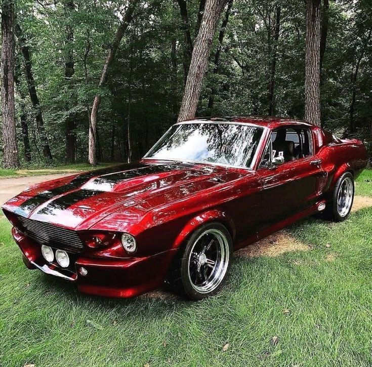 a red car parked on top of a lush green field in front of some trees