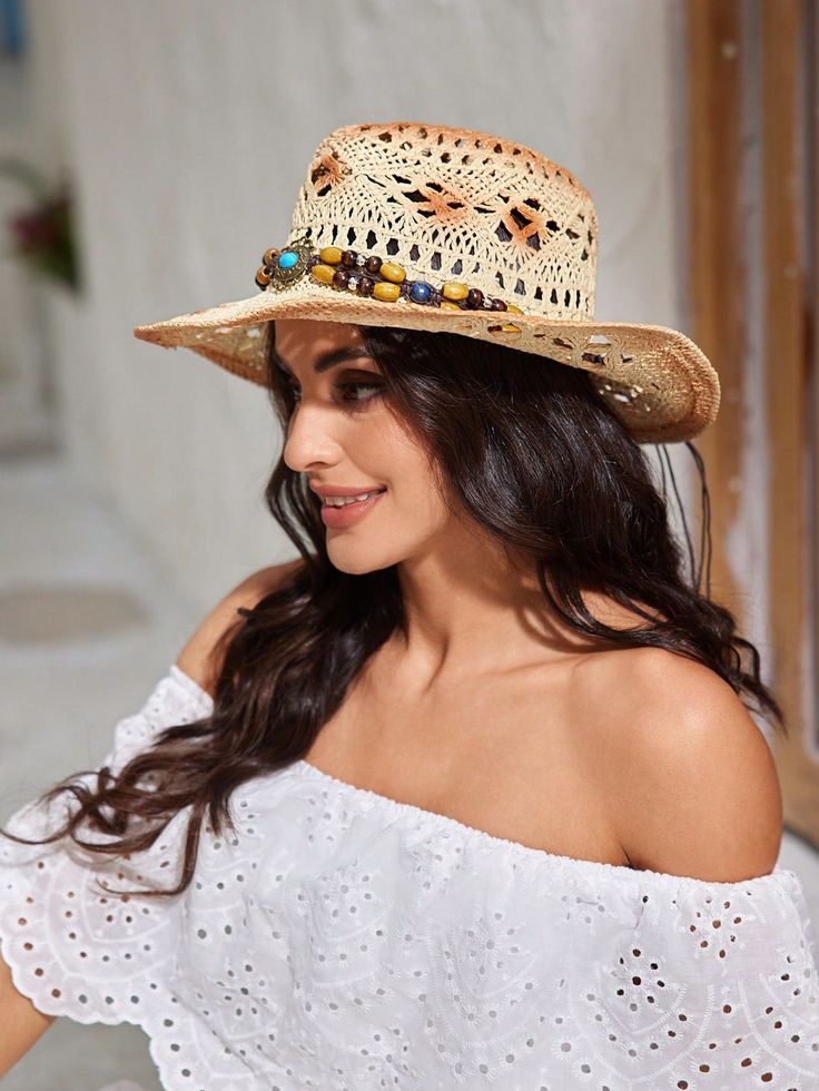 Elevate your vacation style with our Women's Western Cowboy Straw Hat. Made with high-quality straw, this hat is perfect for sunny days by the beach or exploring new cities. Its classic western design adds a touch of flair to any outfit. So stay stylish while protecting yourself from the sun's harmful rays. Color : Beige Details : Beaded Material : Paper Product Technique : Beaded, Hollow Out, Retro Size Crown Length Width one-size 58 45 18 Brimmed Straw Hat For Rodeo, Country Style Straw Hat For Spring Outdoor, Bohemian Adjustable Boater Hat For Summer, Adjustable Bohemian Boater Hat For Summer, Western Style Summer Fedora For Outdoor, Western Style Summer Fedora, Western Style Fedora For Summer Outdoors, Country Style Straw Bucket Hat, Country Style Panama Hat With Flat Brim For Vacation