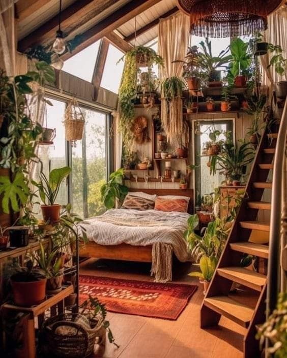 a bedroom with lots of plants in the windows and stairs leading up to the bed