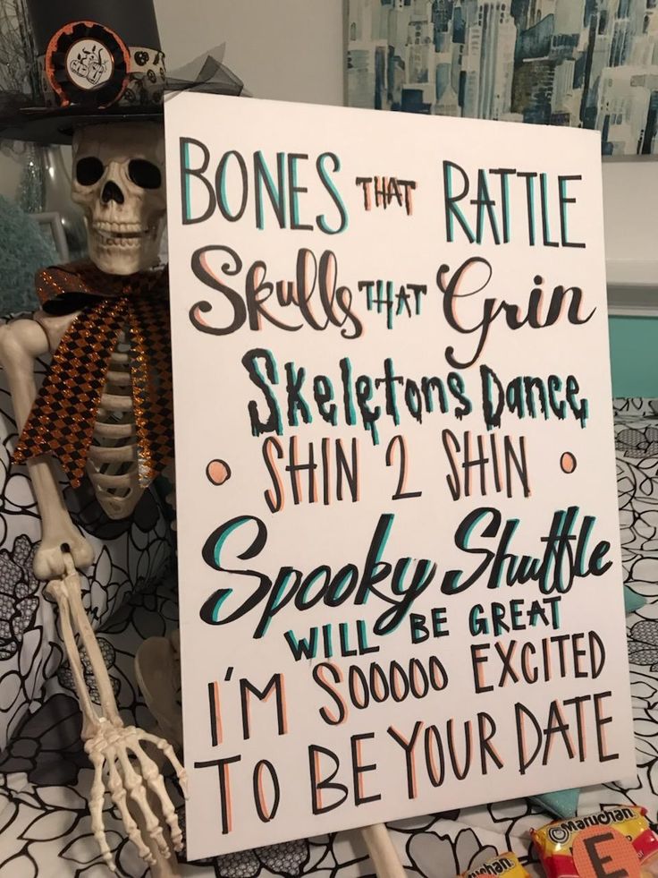 a skeleton holding up a sign that says bones that rattle skills that grim skeletons dance, spooky stuff will be great i'm'm voodoo except to be excited to be your date