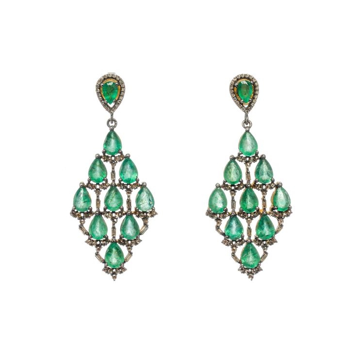 Elegant diamond work is set with rich, green emeralds. Luxury Green Diamond Earrings, Green Diamond Earrings With 17 Jewels For Formal Events, Green Diamond Earrings With 17 Jewels For Formal Occasions, Luxury Green Diamond Earrings For Wedding, Emerald Diamond Earrings For Formal Occasions, Luxury Green Diamond Earrings With Accents, Green Hand-set Diamond Earrings, Green Hand Set Diamond Earrings, Luxury Emerald Earrings With Diamond Accents