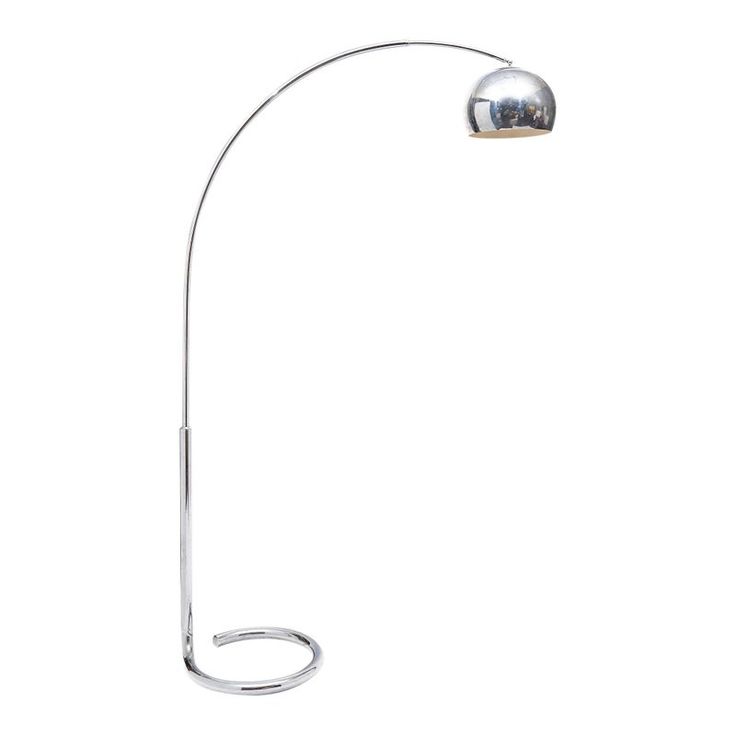 a chrome plated floor lamp with a curved arm and an adjustable light bulb on the side