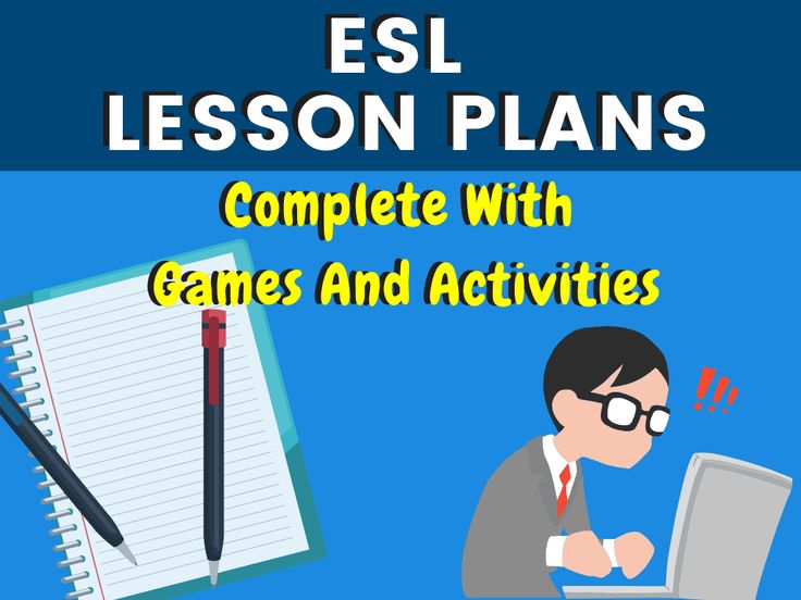 a man sitting in front of a laptop computer next to a notepad with the words esl lesson plans complete with games and activities