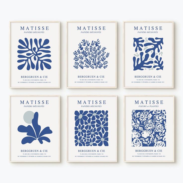 six blue and white art prints with different designs on the front, one is for matissee