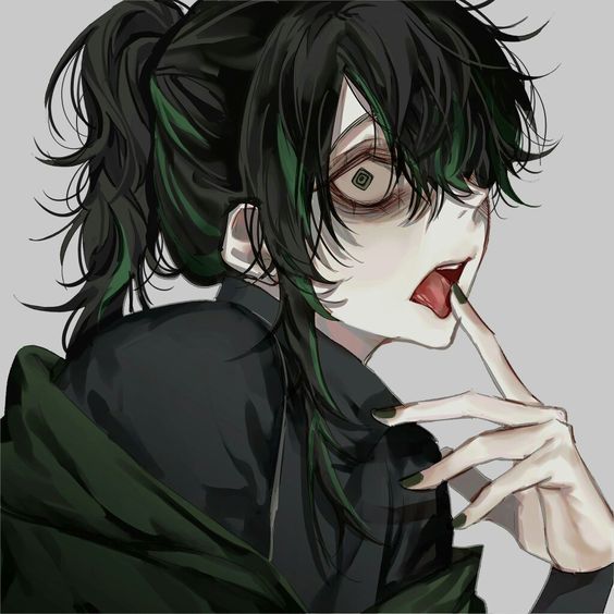 an anime character with black hair and green eyes holding his finger up to his mouth