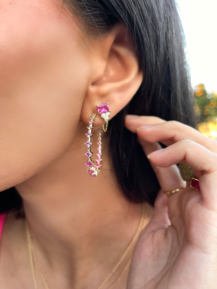 14K vermeil chain earrings with emerald shape hot pink cz and tiny cz bezel circles Chain Earrings, Shiva, Circles, Hot Pink, Emerald, Chain, Pink