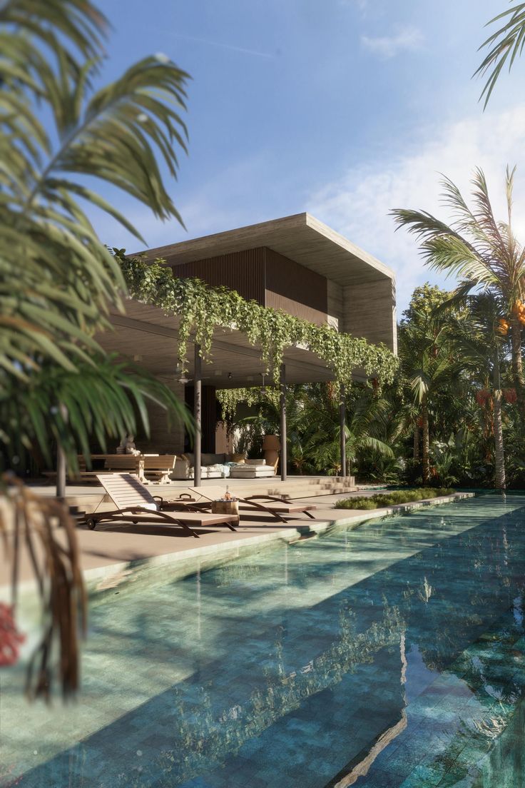 an artist's rendering of a modern house in the tropical style with swimming pool and lounge chairs