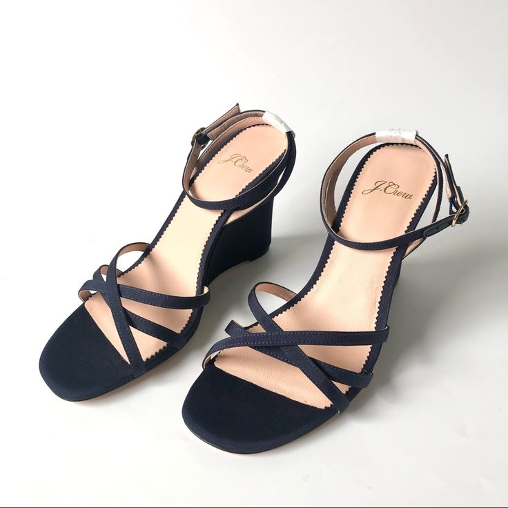 A Dressy-Ish Take On The Summer Favorite Updated In Pretty Silk Faille - Condition Is New With Box - Size: 7.5 In Navy - Approx. Insole: 3.2" Width, 9.65" Length - Buckle Closure At Ankle - Ankle Strap - Fabric Upper. - Leather Lining - 3 2/3" Approx. Heel Evening Wedge Sandals For Summer, Summer Evening Wedge Sandals, Summer Evening Wedge Sandals With Wrapped Heel, Formal Summer Sandals With Wedge Heel, Formal Wedge Heel Sandals For Summer, Formal Summer Wedge Heel Sandals, Blue Round Toe Wedge Sandals For Formal Occasions, Blue Formal Wedge Sandals With Round Toe, Spring Formal Wedge Sandals With Wrapped Heel