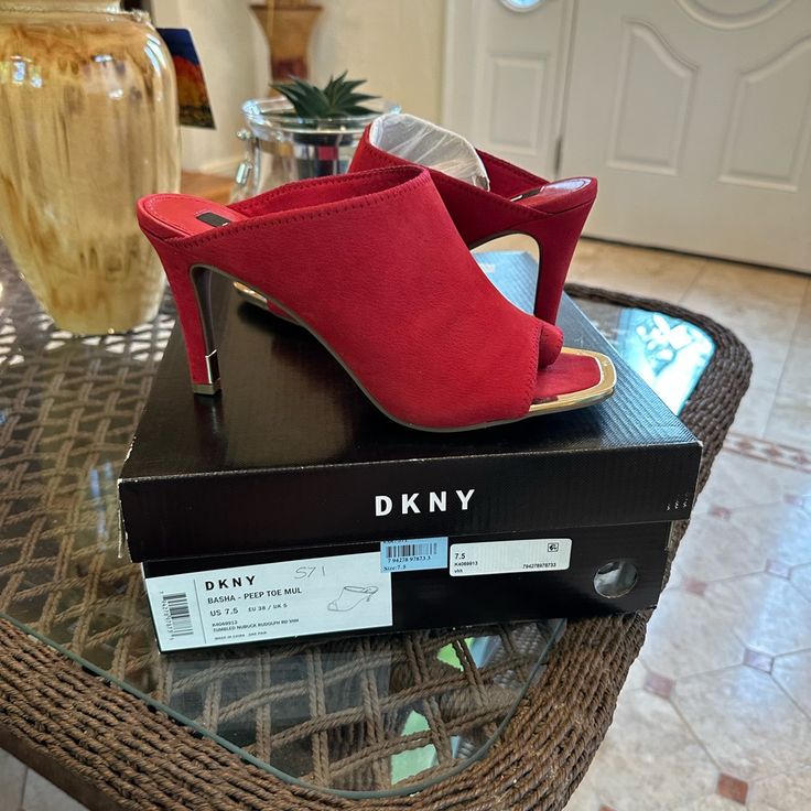 Dkny 7.5 Red Suede Shoes With Gold Trim Red Fitted Slip-on Heels, Red Slip-on Formal Heels, Red Slip-on Heels For Formal Occasions, Red Open Toe Heels For Fall, Fall Season Red Open Toe Heels, Red Slip-on Evening Heels, Red Slip-on Fitted Heels, Red Synthetic Slip-on Heels, Red Slip-on Heels For Party