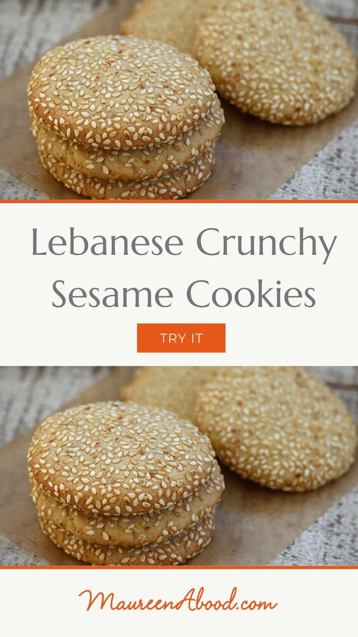 three sesame cookies stacked on top of each other with the words, japanese crunch sesame cookies try it