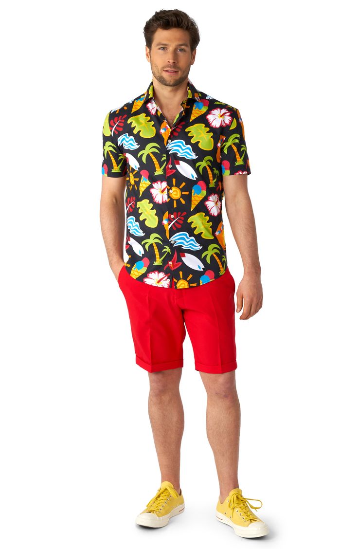 Palm trees, surfboards and tropical blooms invite sunny-day breezes in a shirt cut from crisp, cool cotton with a touch of stretch to keep you moving. 26 1/2" length; 43" chest (size Medium) Spread collar Short sleeves 97% cotton, 3% spandex Machine wash, line dry Imported Summer Shirt With Tropical Print For Vacation, Beach Cotton Shirt With Vibrant Print, Black Shirt With Tropical Print For Spring, Black Tropical Print Shirt For Spring, Tropical Shirt With Camp Collar For Vacation, Tropical Vacation Shirt With Camp Collar, Vacation Shirt With Vibrant Print And Relaxed Fit, Relaxed Fit Vacation Shirt With Vibrant Print, Relaxed Fit Vibrant Print Shirt For Vacation