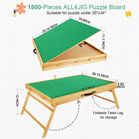 two wooden tables with green felt on top and measurements for each piece in the puzzle board