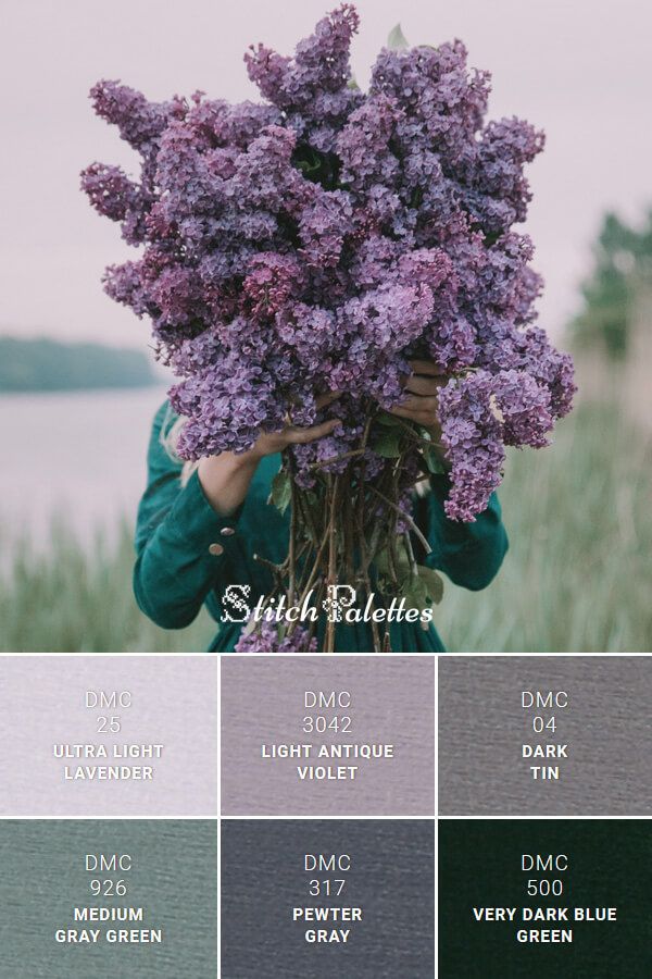 a person holding up some purple flowers in their hands with the color swatches below them