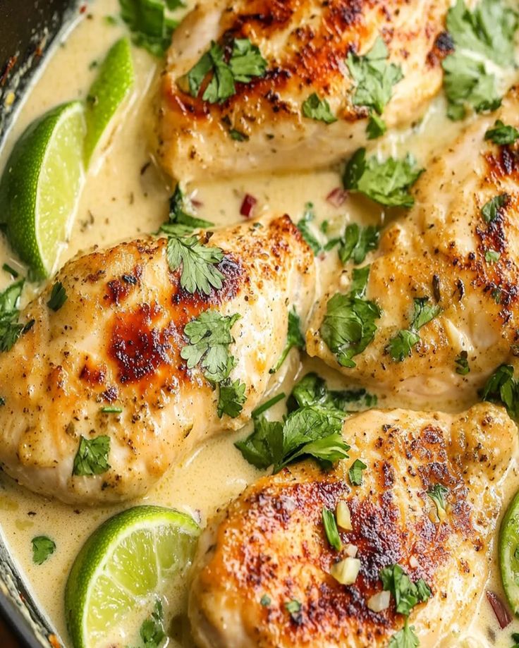 chicken with cilantro and limes in a white sauce