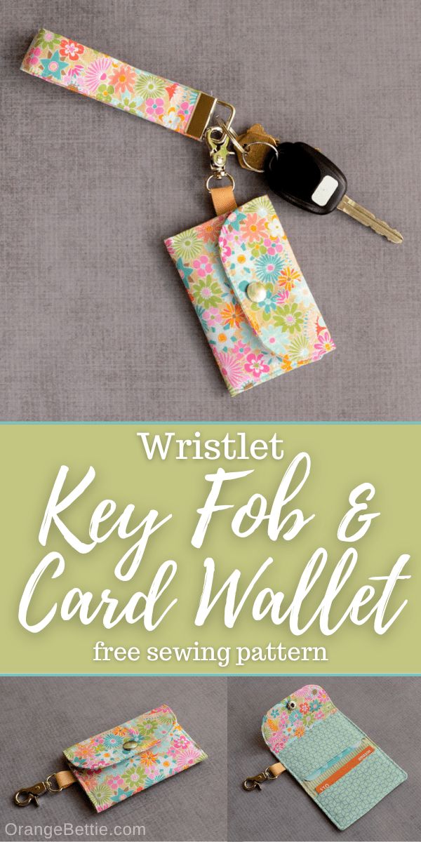 the key fob and card wallet sewing pattern is shown in three different styles, including one