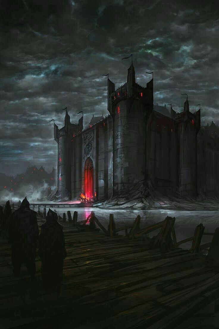 an image of a castle at night with red light coming from the entrance to it