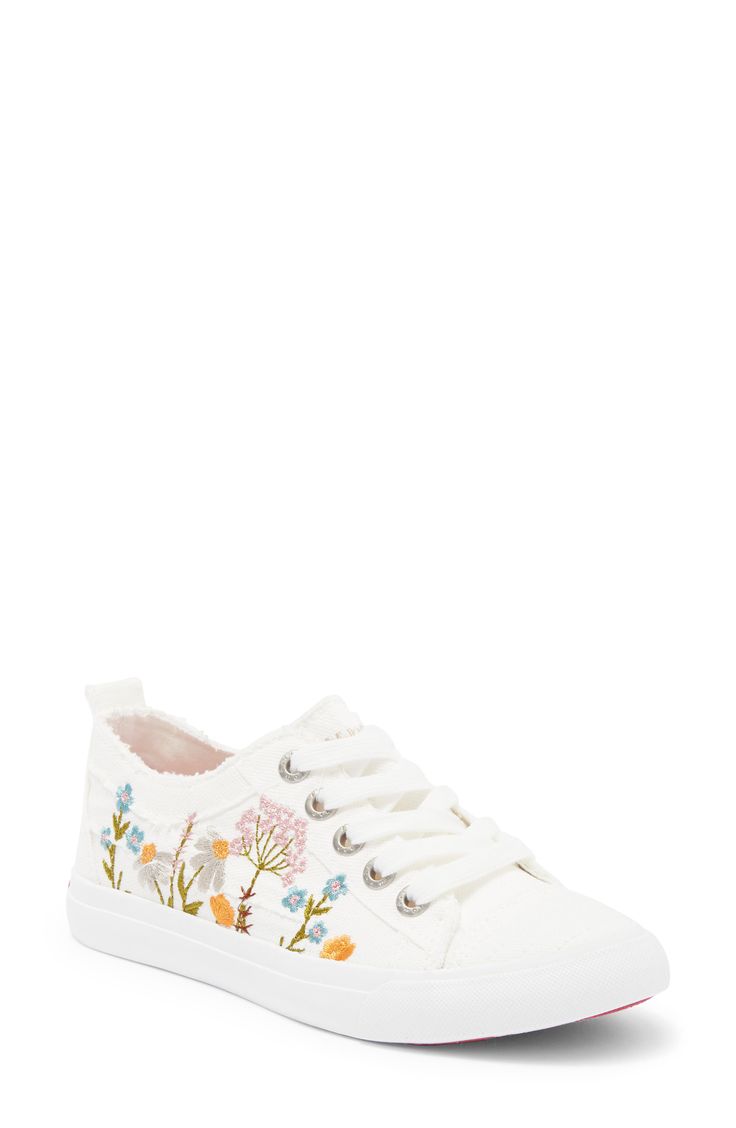 Frayed hems and embroidered wildflowers boost the bohemian appeal of a kid-approved sneaker framed at the vamp by grommets for easy-gliding laces. Lace-up style Textile upper and lining/rubber sole Imported Spring Sneakers With Embroidered Round Toe, Spring Embroidered Sneakers With Round Toe, Spring Embroidered Round Toe Sneakers, Spring Floral Embroidered Round Toe Sneakers, Trendy Canvas Sneakers For Spring, Low-top Canvas Shoes With Embroidered Logo For Spring, Spring Low-top Canvas Shoes With Embroidered Logo, Low-top Embroidered Canvas Shoes For Spring, Floral Embroidered Sneakers With Round Toe For Summer