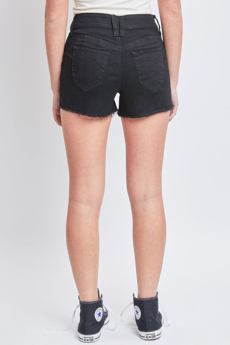 There's a lot to love about our easy, breezy, booty-full Women's WannaBettaButt High-Rise Frayed Hem Shorts. One of our most popular WBB styles, this high-waisted denim short features our signature heart-shaped stitching and perfectly placed pockets for a natural butt-lift that highlights you curves. Detailed with a classic five-pocket construction, front zip with single button closure, and a frayed hem for that added edge. Pair with a fitted tank top and heels for a warm-weather look, or with a leather jacket and booties to channel your inner baddie! Measurement (Based on size 5)- Inseam: 2.5” - Rise (To top edge of band): 10” - Leg Opening: 22” - Model is wearing size 3 Machine wash cold. 75% Cotton/ 23% Polyester/ 1% Rayon/ 1% Spandex (Color: 1430M) Ymi Jeans, Fitted Tank Top, L And Light, Denim Short, Easy Breezy, High Waisted Shorts Denim, High Waisted Denim, Medium Blue, Warm Weather