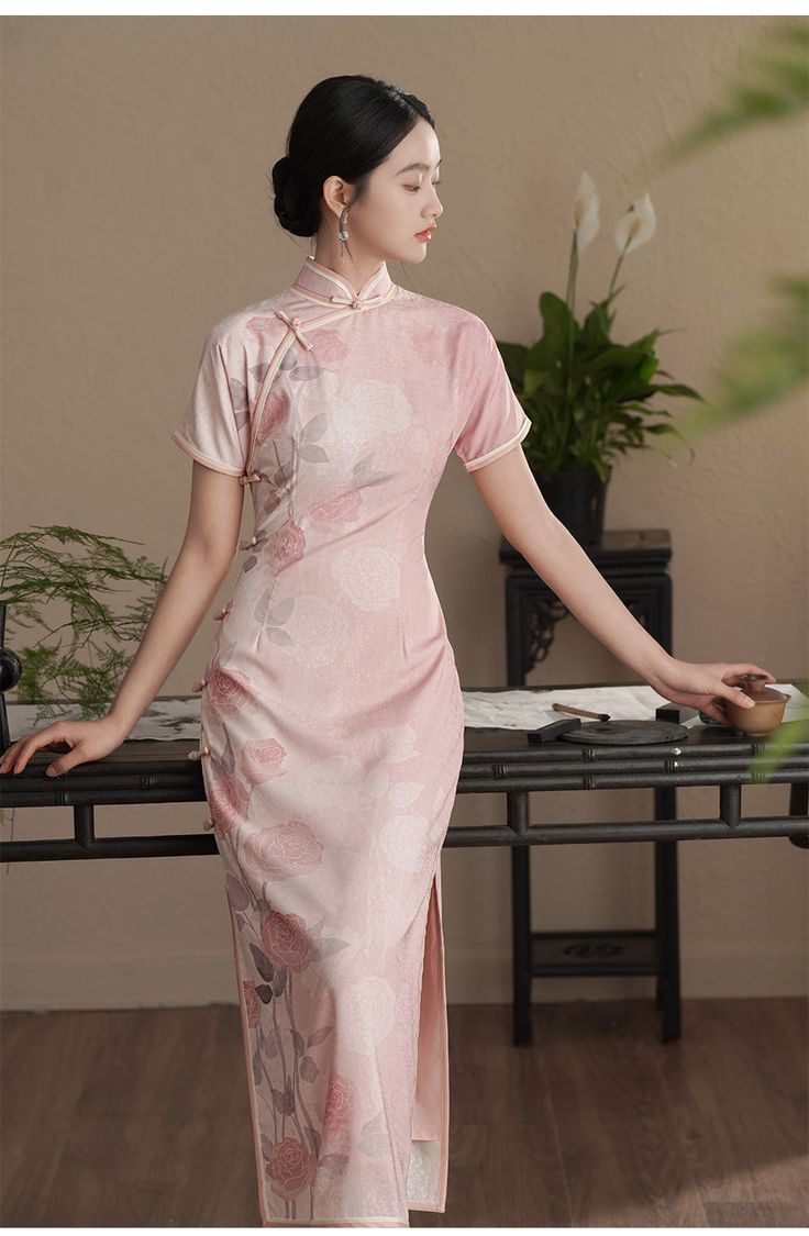 Pink Short Sleeves Roses Printed Qipao Cheongsam Dress – Oriental Me Floral Print Cheongsam For Spring Wedding, Pink Summer Wedding Cheongsam, Summer Wedding Pink Cheongsam, Elegant Pink Ao Dai With Floral Embroidery, Elegant Floral Print Cheongsam With Stand Collar, Traditional Summer Wedding Cheongsam, Elegant Pink Ao Dai For Summer, Traditional Fitted Floral Print Cheongsam, Elegant Fitted Cheongsam With Floral Print