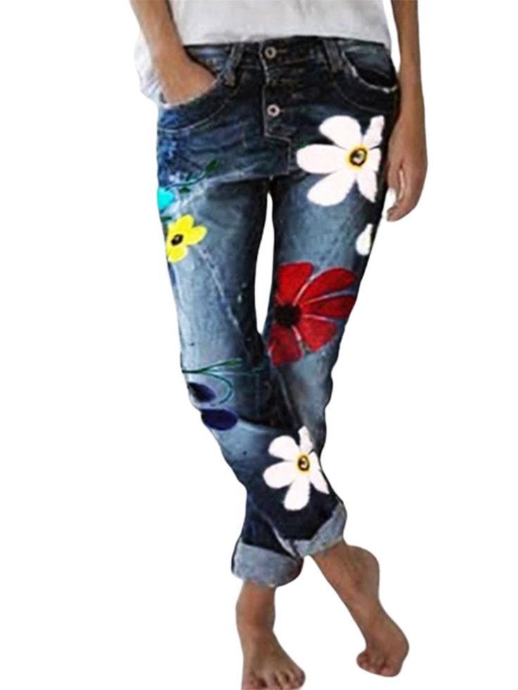 Wonderful Casual Print Flower Pockets Denim For Women - Online - NewChic Mobile Floral Denim Pants, Clothes Print, Printed Denim Jeans, Moda Floral, Women Trousers, Womens Fashion Jeans, Mode Jeans, Painted Jeans, Shirt Refashion