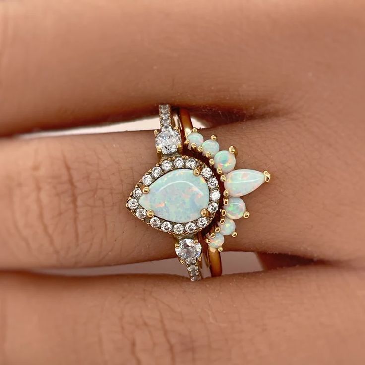 Opal Engagement Ring Set Art Deco Fitted Opal Ring Set Opal | Etsy Bosnia and Herzegovina Teardrop Halo Ring For Gift, Adjustable Gold Opal Ring For Wedding, Teardrop Stackable Jewelry For Anniversary, Yellow Gold Stackable Wedding Rings, White Pear-shaped Promise Ring, Spiritual Yellow Gold Stackable Rings For Wedding, Spiritual Opal Wedding Ring, Heirloom Stackable White Jewelry, Gold Stackable Halo Rings For Wedding