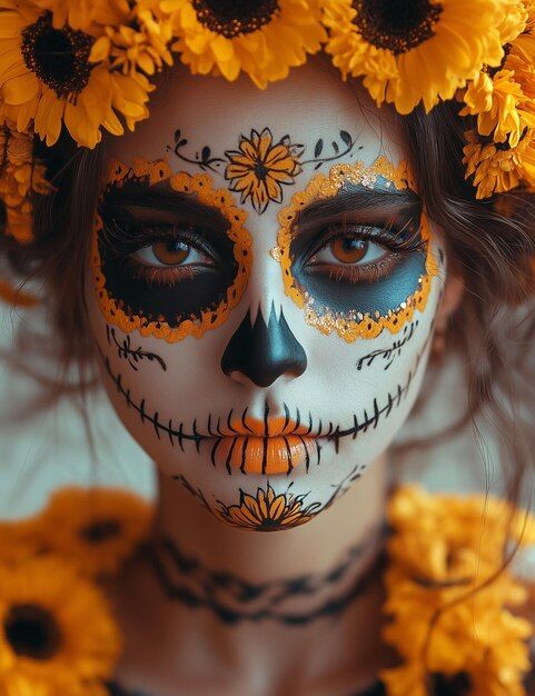 Dia De Los Muertos Makeup With Jewels, Dis Los Muertos Makeup, Sugar Skull Makeup Ideas, Sugar Skull Facepainting, Easy Catrina Costume, Dia Del Muerto Make Up, Orange Catrina Makeup, Easy Halloween Costumes Makeup, Catrina Face Makeup