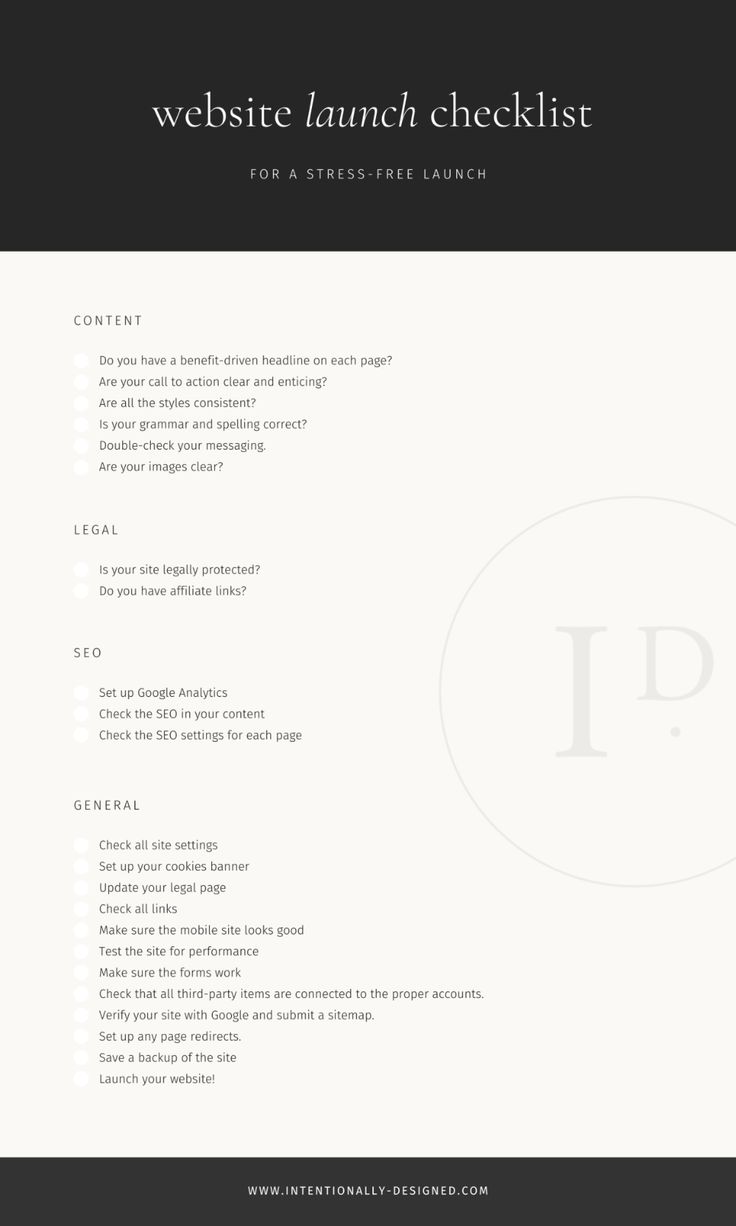 the website launch checklist is shown in black and white
