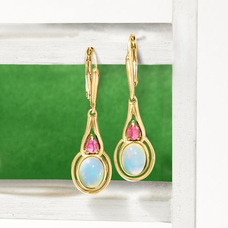 Ross-Simons - Ethiopian Opal, .30ct t. w. Pink Tourmaline Drop Earrings Over Sterling. Add a mystical touch to your outfit with these drop earrings. Here, 6x8mm oval Ethiopian opal cabochons beam next to .30 ct. t. w. pear-shaped pink tourmaline cabochons. Set in polished 18kt yellow gold over sterling silver. Hanging length is 1 3/8". Leverback, pink tourmaline and Ethiopian opal drop earrings. Opal birthstones are the perfect gift for October birthdays. October Birthdays, Opal Drop Earrings, Opal Birthstone, Fine Jewelery, Sterling Jewelry, Pink Tourmaline, Free Jewelry, Ethiopian Opal, Pear Shaped