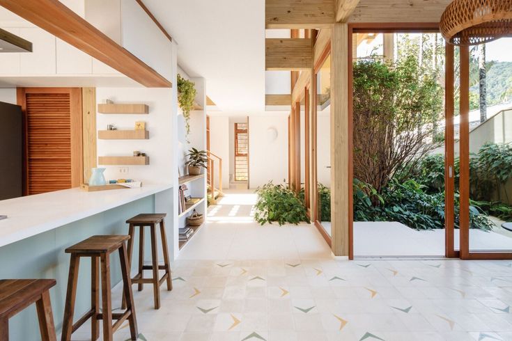 the kitchen is clean and ready to be used as a dining room or living area