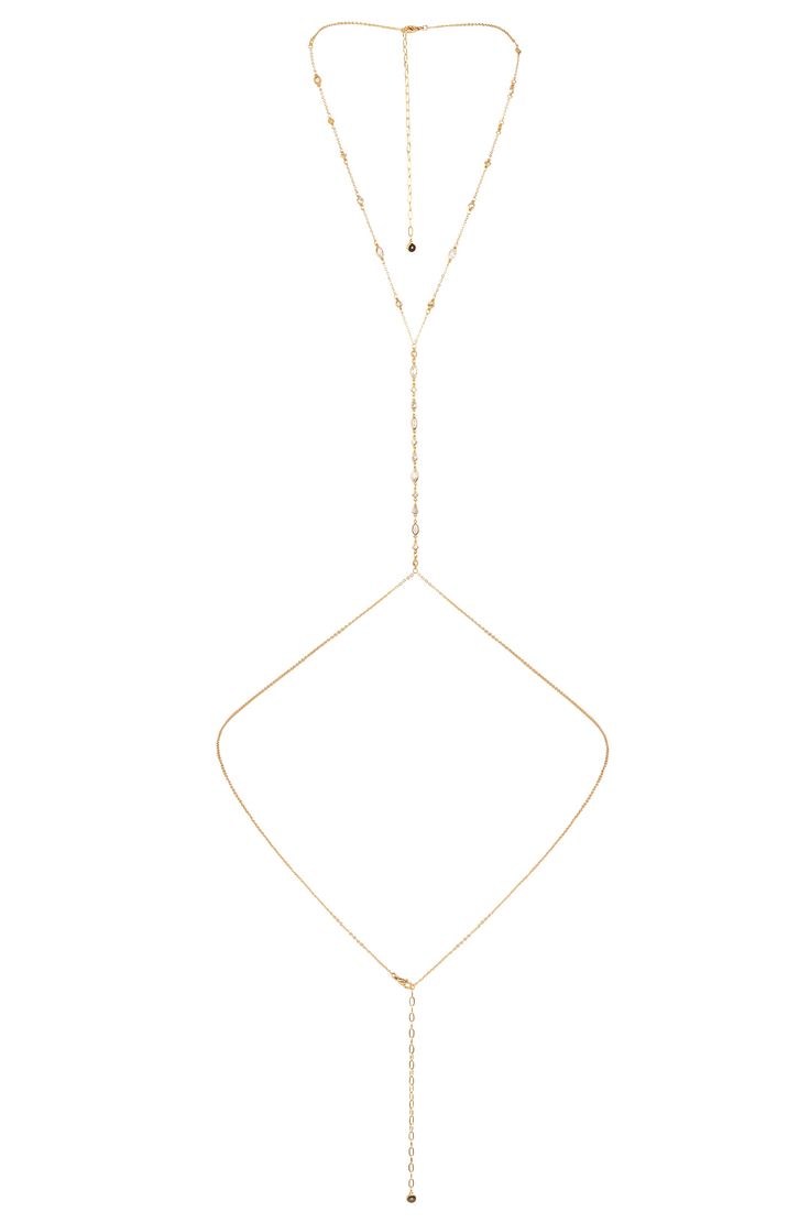 Blissful Crystal Body Chain in Gold Gold-tone Chain Jewelry For Party, Gold Pearl Body Chain For Gift, Gold Pearl Chain Body Chain As Gift, Dainty Gold Body Chain For Party, Dainty Adjustable Gold Body Chain, Gold-tone Lariat Chain Jewelry, Adjustable Gold Dainty Body Chain, Adjustable Delicate Gold Body Chain, Elegant Double Chain Adjustable Body Chain