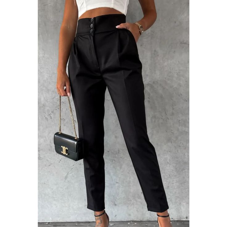 Black Button High Waist Tapered Pants | Fashionfitz Casual High Waist Dress Pants With Buttons, Casual Black Dress Pants With Button Closure, Black Casual Dress Pants With Button Closure, High-waisted Pants For Work With Button Zip Fly, Black Bottoms With Button Zip Fly For Work, Elegant Tapered Leg Bottoms With Buttons, Black Button Zip Fly Bottoms For Work, Black Workwear Bottoms With Button Zip Fly, Ankle-length Business Casual Pants With Buttons