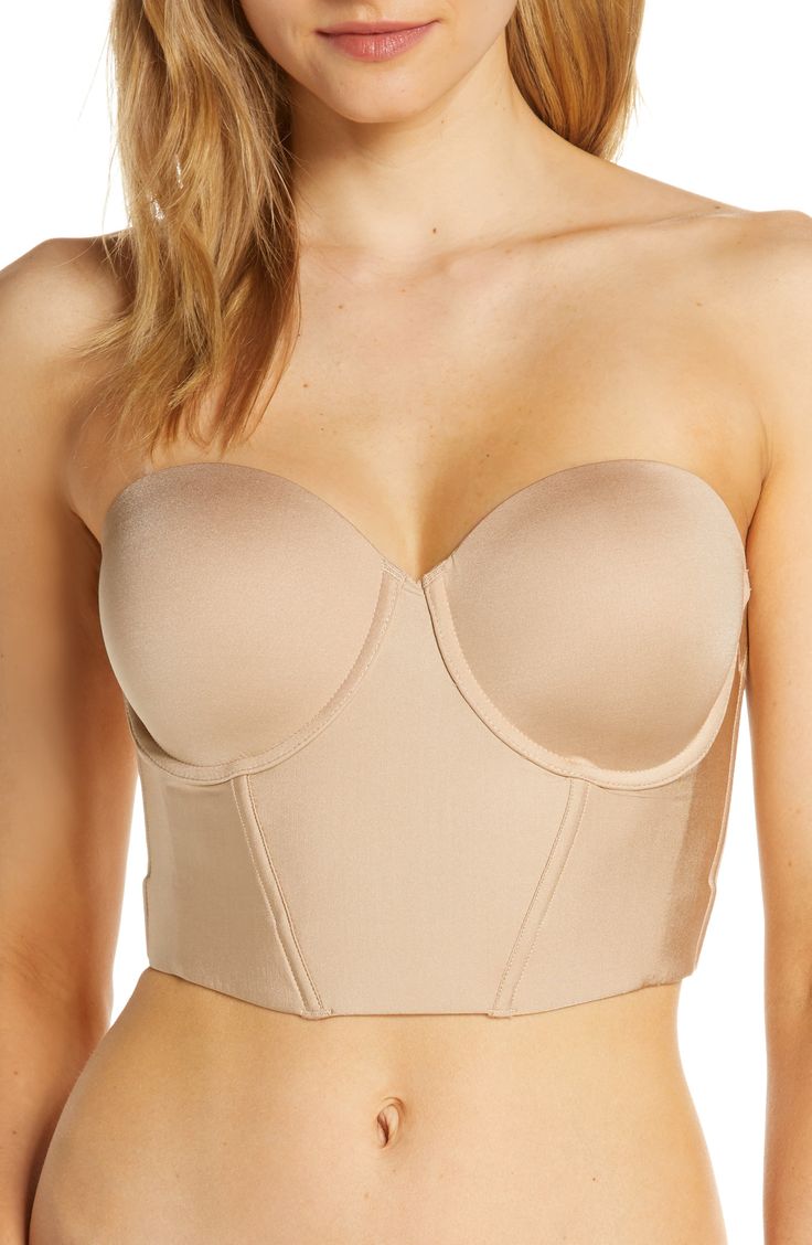 Create a flawless foundation with this smooth longline bra supported by hidden underwires, boning and molded cups. Transform it from strapless into a classic over-the-shoulder style, a halter, racerback or one-shoulder silhouette with the convertible straps. Removable, adjustable straps 76% nylon, 24% elastane Hand wash, dry flat Imported Lingerie Elegant Tube Top With Built-in Underwire Bra, Elegant Push-up Corset With Built-in Bra, Bandeau Corset With Removable Bra Pads, Strapless Fitted Bra With Removable Straps, Fitted Strapless Bra With Removable Straps, Underwire Tube Top With Built-in Bra For Night Out, Elegant Stretch Tube Top With Removable Bra Pads, Strapless Sculpting Shapewear With Medium Bust Support, Strapless Bra With Removable Pads