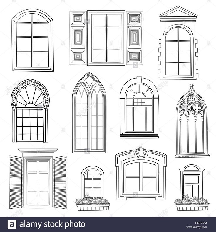 set of windows with arched glass and shutters in different shapes, sizes and colors