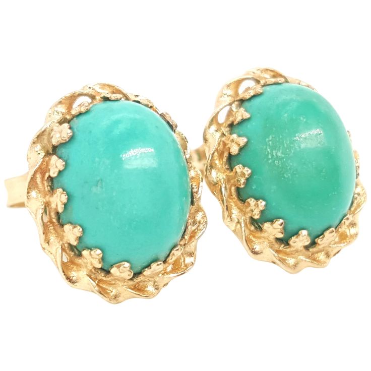 14 Karat Yellow Gold Oval Cabochon Howlite Stud Earrings. The earrings feature a pair of oval cabochon dyed howlite. The howlite are each set into a 14 karat yellow gold prong settings with a recessed bezel, completed by posts. Earrings weigh 2.06 grams. Dimensions 13.87 x 13.00 mm. Earring Details: Metal: 14 karat yellow gold Weight: 2.06 grams Dimensions: 13.87 x 13.00 mm Stamped: None Howlite Details: Shape: Oval Cabochon Dimensions: 10.04 x 8.11 x 4.20 mm and 10.18 x 7.95 x 4.22 mm Treatment Turquoise Earring, Earring Stack, Gold For Sale, Gold Collection, Oval Cabochon, Turquoise Earrings, Jewelry Earrings Studs, Prong Setting, Earring Set