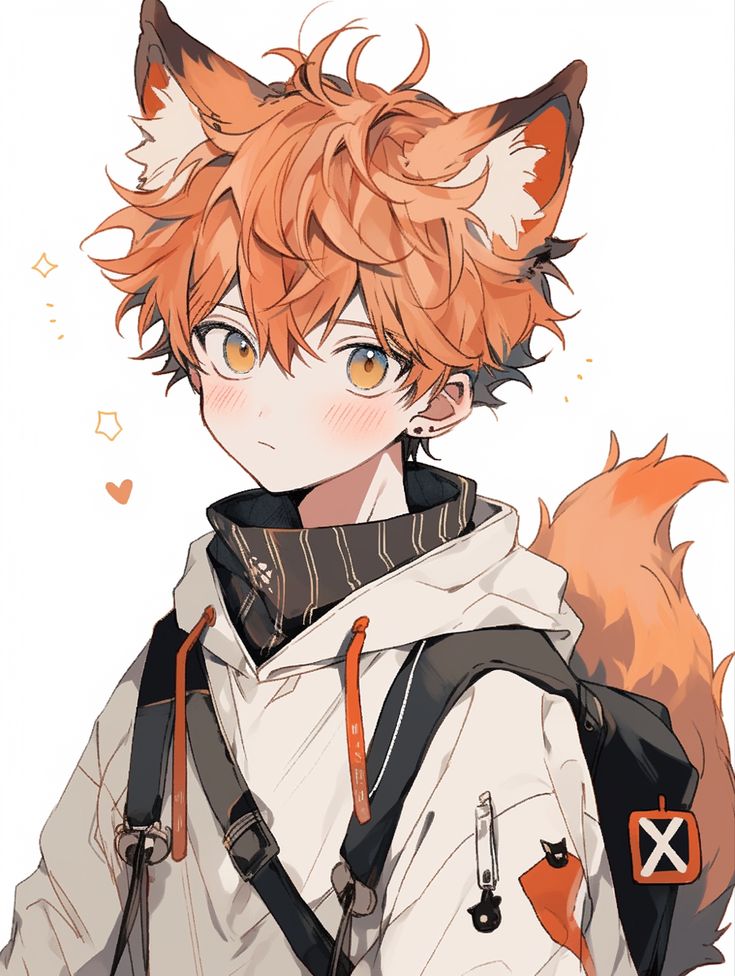 an anime character with red hair and orange eyes wearing a white hoodie, holding a backpack