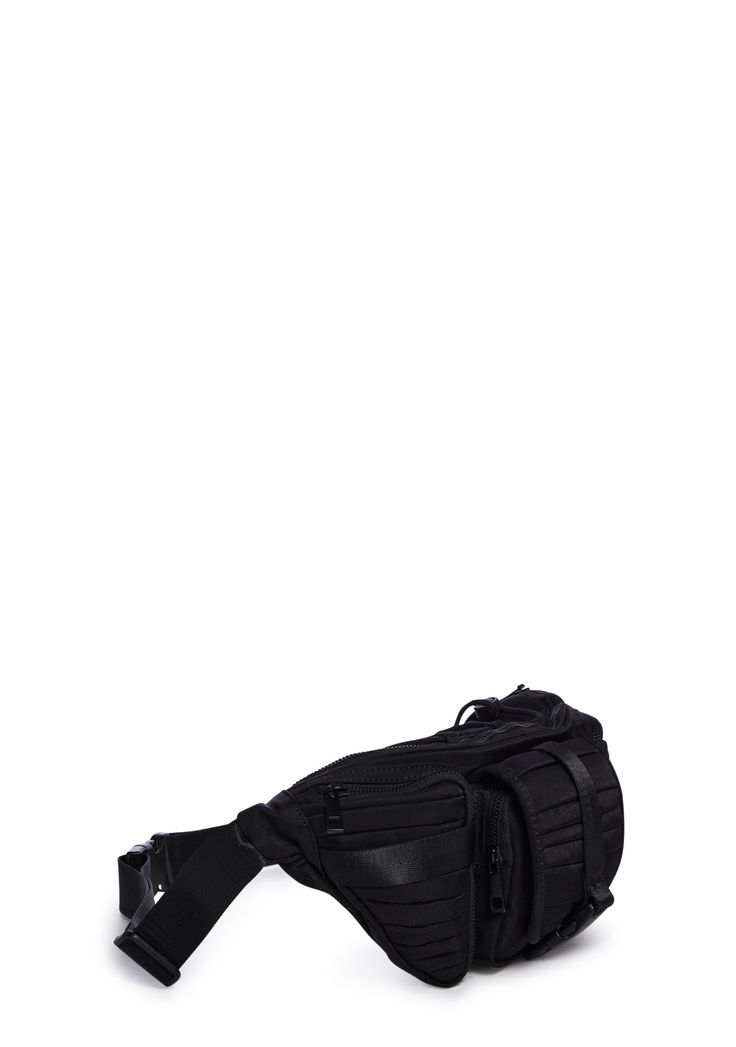 has an adjustable buckle strap on the waist and drawstring cord details on top. This tactical fanny pack features three pleated front pockets with zipper closures, a main compartment with a double top zip closure, and an interior zip storage pocket. Black Multifunctional Belt Bag With Zipper Pocket, Practical Nylon Belt Bag With Pockets, Multifunctional Black Belt Bag With Zipper Pocket, Multifunctional Black Belt Bag For Outdoor Activities, Multifunctional Black Belt Bag For Outdoor, Functional Black Belt Bag With Pockets, Outdoor Black Belt Bag With Zipper Pocket, Functional Black Belt Bag With Zipper Pocket, Functional Outdoor Belt Bag With Multiple Pockets