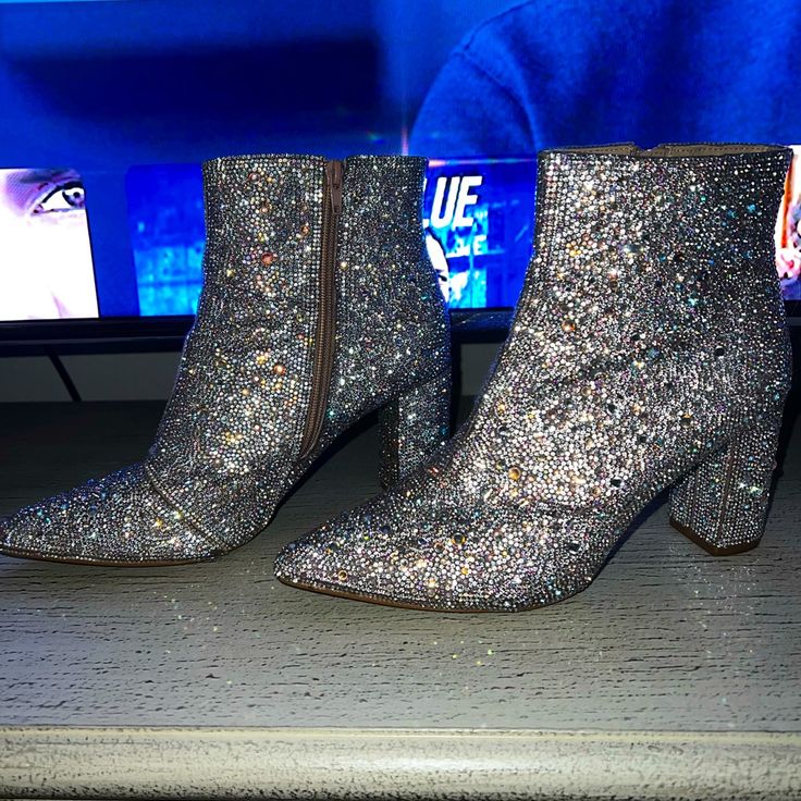 These Boots Were A Gift For My 21st Birthday For Vegas. Only Worn Three Times Glamorous Sparkling Ankle Boots, Shimmer Round Toe Boots For Party, Party Boots With Shimmer And Round Toe, Glamorous Metallic Silver Boots With Pointed Toe, Glamorous Metallic Silver Pointed Toe Boots, Silver Sparkling Boots For Fall, Sparkling Silver Boots For Fall, Silver Sequined Boots For Party, Silver Sequined Party Boots